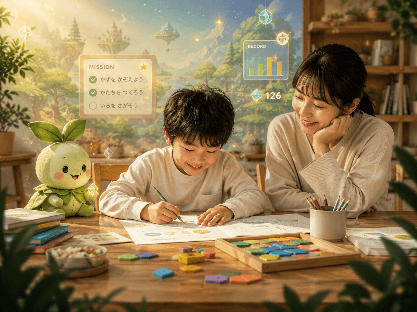 家庭で子どもが学びミッションに取り組み、保護者とLeafyが見守っているKidsBridgeのイメージ